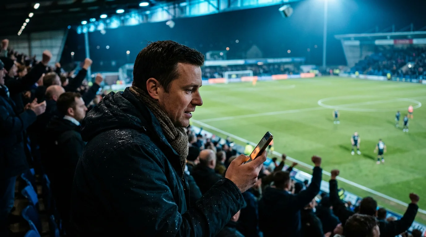 Apuestas en vivo de fútbol — aficionado con móvil en las gradas de un estadio iluminado